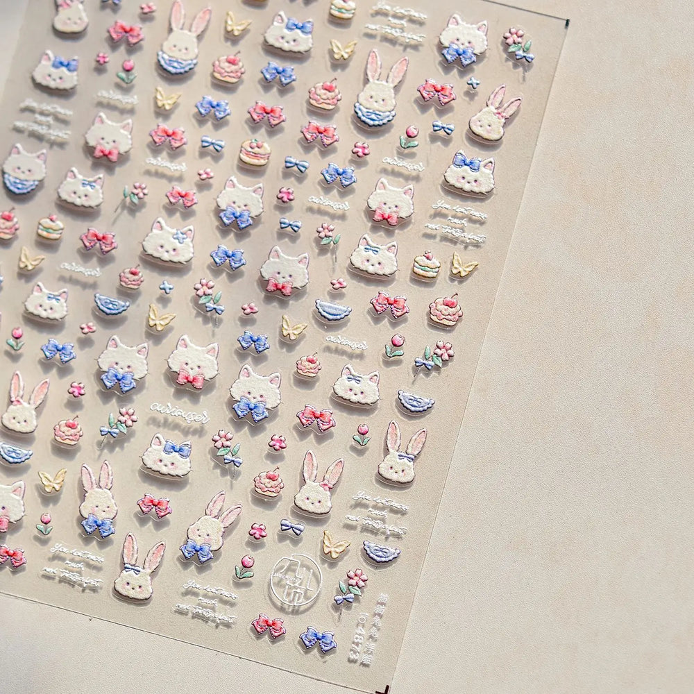Cream Wind Cat Rabbit Kitten Bunny Bowknot Flower Butterfly Cake Cherry Tulip 5D Self Adhesive Nail Art Stickers Manicure Decals (Online Order Only)