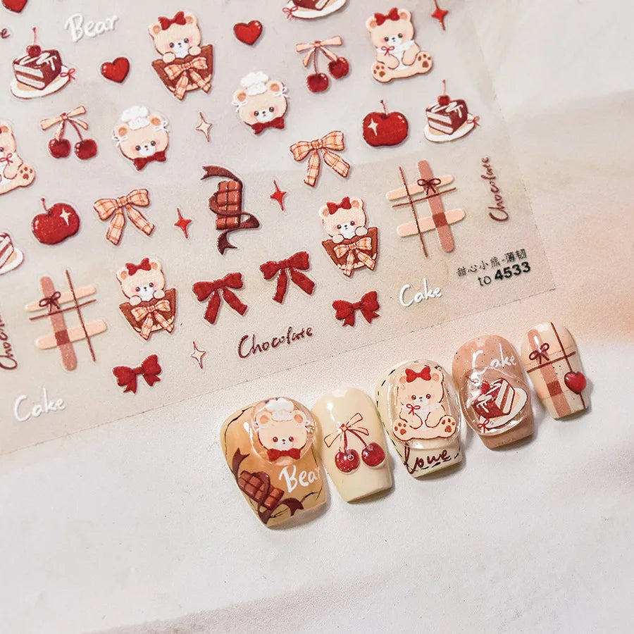 Bowknot Bear Cake Chocolates Food Star Cherry Apple Cook Love Heart Adhesive Nail Art Sticker Rhinestone Reliefs Manicure Decal (ONLINE ORDER ONLY)