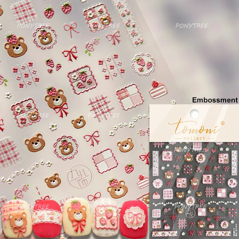 Pink Juicy Strawberry Fruit Cutting Line Ribbon Bowknot Star Happy Sweet Lovely Fruits Delicate Nail Art Stickers Manicure Decal (ONLINE ORDER ONLY)