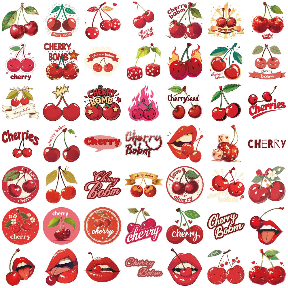 50PCS Red Cherry Graffiti Stickers For Notebook Water Cup Suitcase Guitar Scrapbook Waterproof PVC Classic Decal Decorate (ONLINE ORDER ONLY)