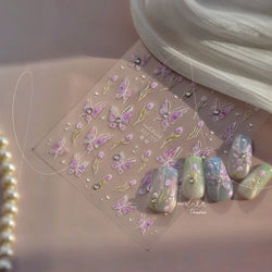 Blue Purple Tulip Flower Butterfly Garden Blossom Floral Charming Delicate 5D Relief Adhesive Nail Art Stickers Manicure Decals (ONLINE ORDER ONLY)
