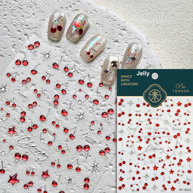 Cute Pink Tempting Strawberries Attractive Fruit Cutting Line Bowknot Star Silver Stamping Chic Nail Art Stickers Manicure Decal (ONLINE ORDER ONLY)