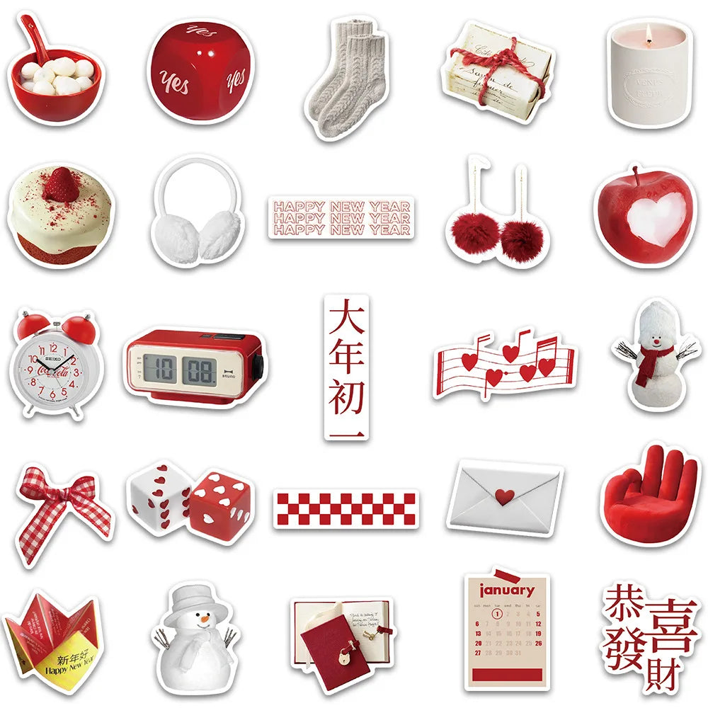 10/30/50PCS 2023 New Year Red Stickers Ins Style Cartoon Decals Toys For Kids DIY Skateboard Luggage Phone Suitcase Wall Sticker (Online Order Only)