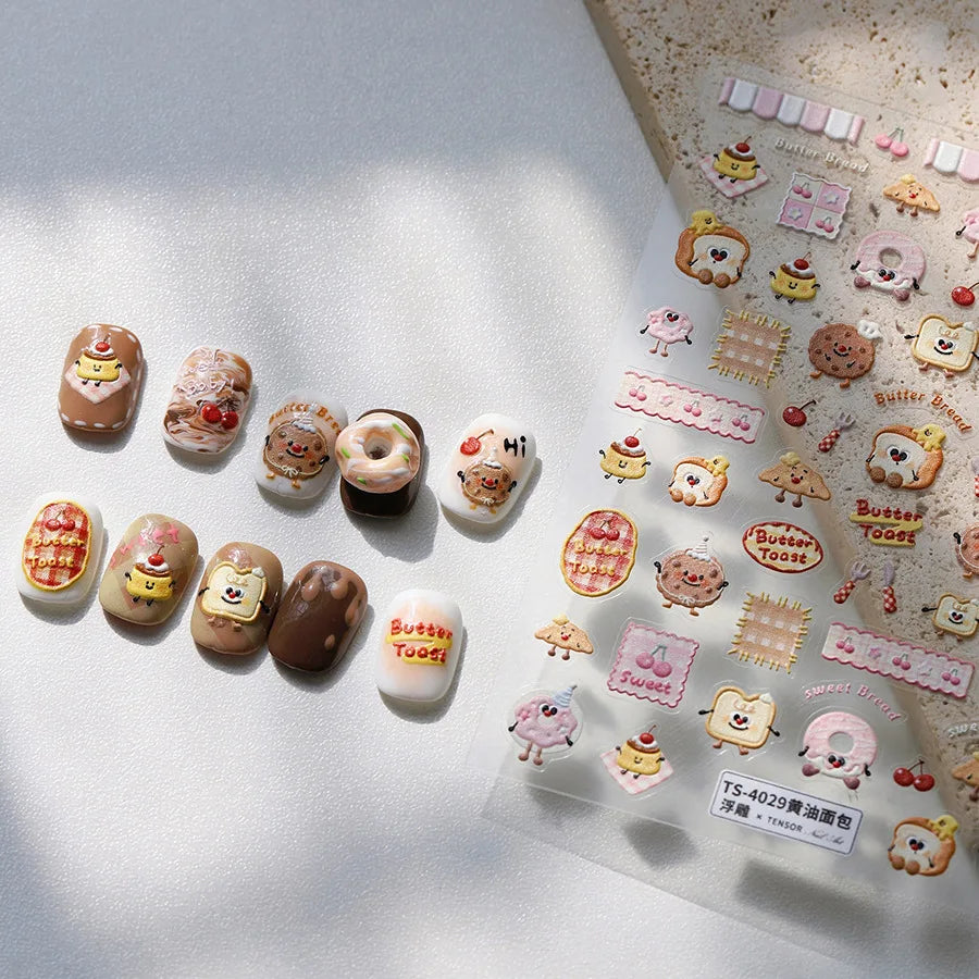 Toast Butter Brioche Bread Dim Sum Cookie Cherry Pudding Food Fork Doughnut Relief Adhesive Nail Art Stickers Manicure Decals (ONLINE ORDER ONLY)