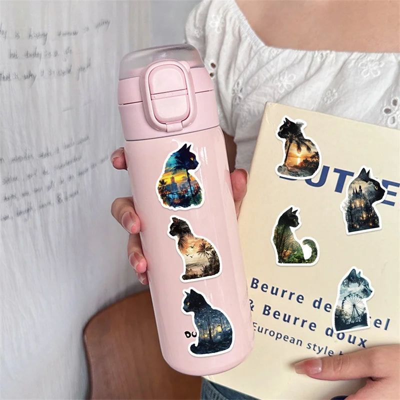 10/30/50PCS Black Dreamy Cat Sticky PVC Sticker Aesthetic Children's Stationery DIY Decoration Scrapbooking School Supplies (ONLINE ORDER ONLY)