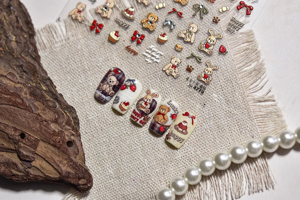Charm Retro Bear Candy Cake Bowknot Rabbit Bunny Strawberry Footprint Muffin 3D Adhesive Nail Art Stickers Chic Manicure Decals (ONLINE ORDER ONLY)