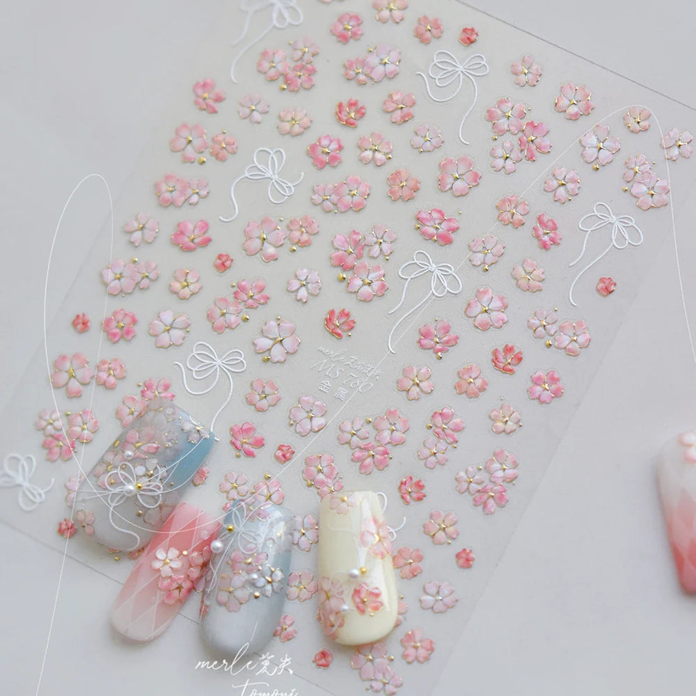 Peach Blossom Gradual Pink Petal Flower Line Bowknot Hot Stamping Halo Dyeing Delicate Adhesive Nail Art Sticker Manicure Decals (ONLINE ORDER ONLY)
