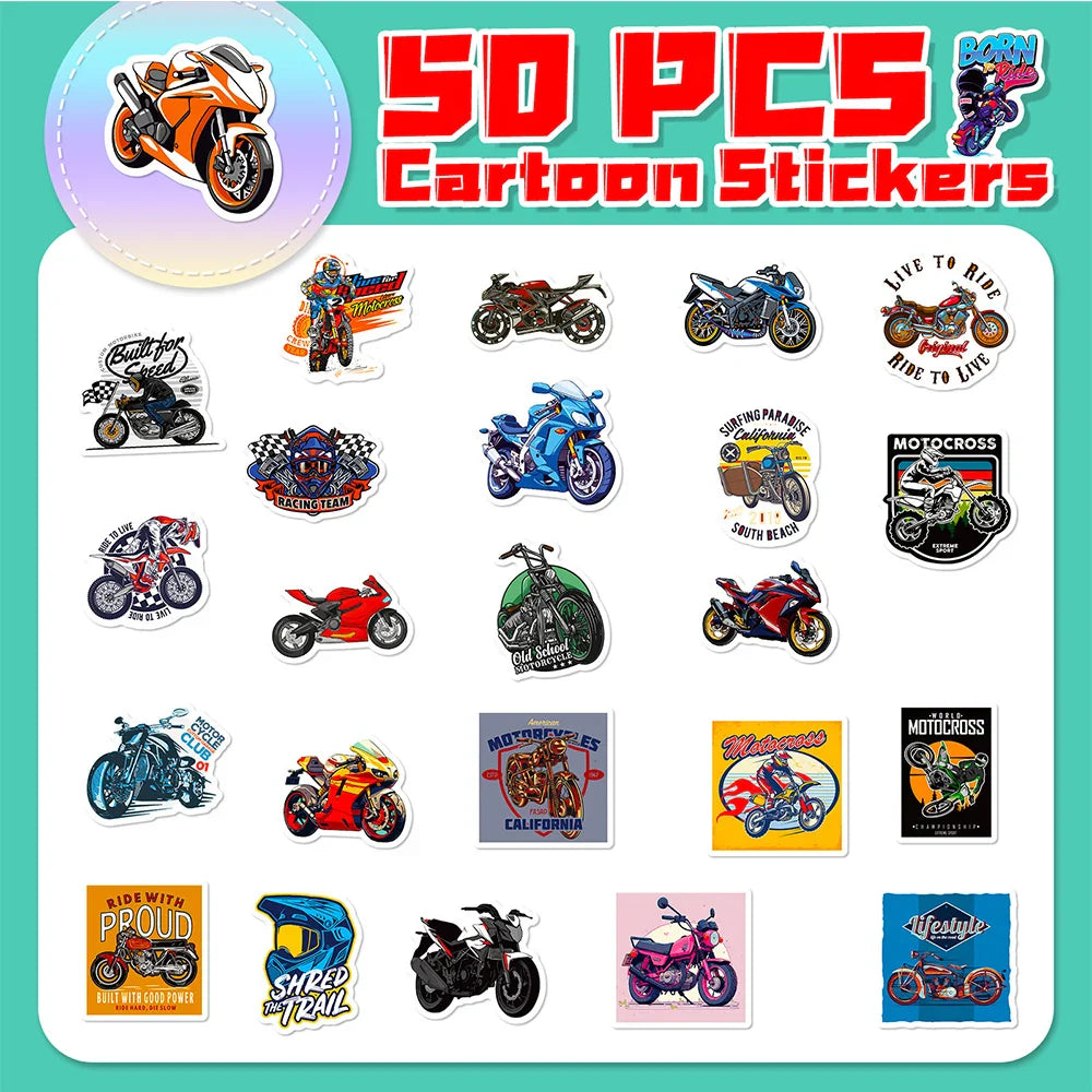 10/30/50pcs Classic Motorcycle Stickers Mountain Bike Decals Laptop Suitcase Notebook Motorcycle Cool Waterproof Sticker Toys (ONLINE ORDER ONLY)