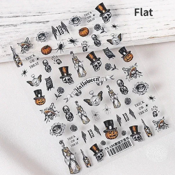Gothic Dark Spider Butterfly Cross Flame Wings Halloween Horror Rose Flower Rabbit Pumpkin Bear Nail Art Stickers Manicure Decal (ONLINE ORDER ONLY)
