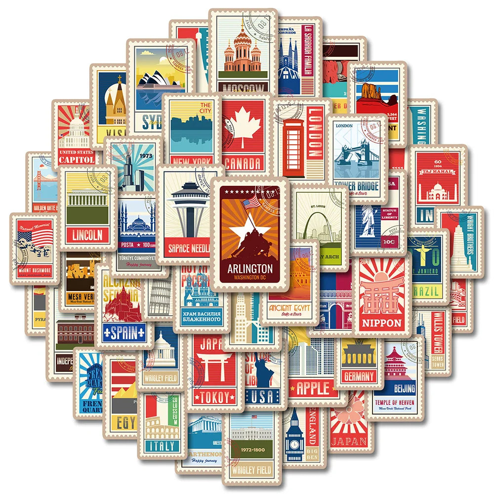 Retro Landmark Stickers 10/30/50pcs Waterproof Decal for Luggage, Laptop, Phone, Car, Bike, Skateboard (Online Order Only)