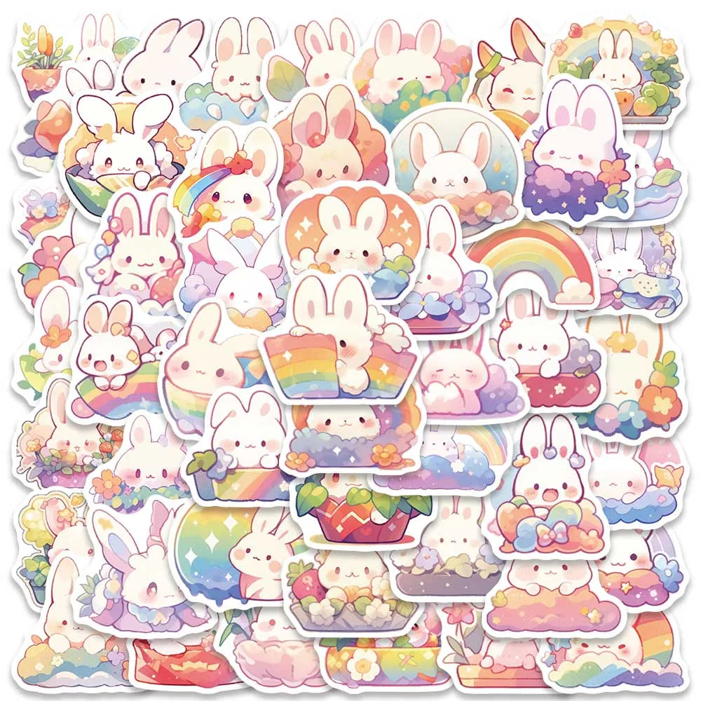 50PCS Cute Rainbow Bunny Rabbit Stickers for Bike, Bottle, Suitcase, Scrapbooking, Kids Gift (Online Order Only)