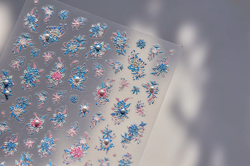 Delicate Shiny Pink Flower Blue Hairpin with Flower Decoration Self Adhesive Nail Art Stickers Pearl Rhinestone Manicure Decals (Online Order Only)