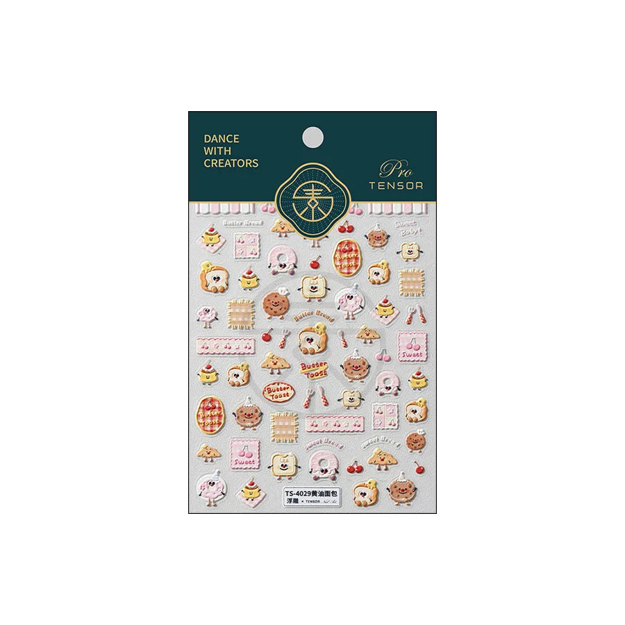 Toast Butter Brioche Bread Dim Sum Cookie Cherry Pudding Food Fork Doughnut Relief Adhesive Nail Art Stickers Manicure Decals (ONLINE ORDER ONLY)