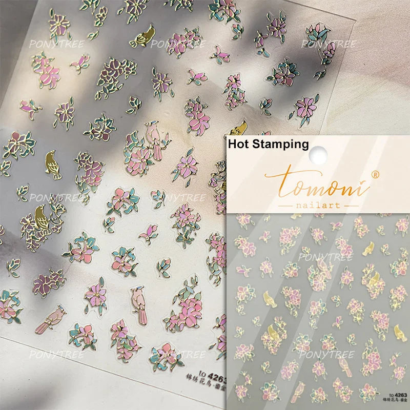 Pink Peach Blossom Flower White Pear Romantic Archaistic Swallow Window Adhesive Nail Art Stickers Rhinestone Manicure Decals (ONLINE ORDER ONLY)