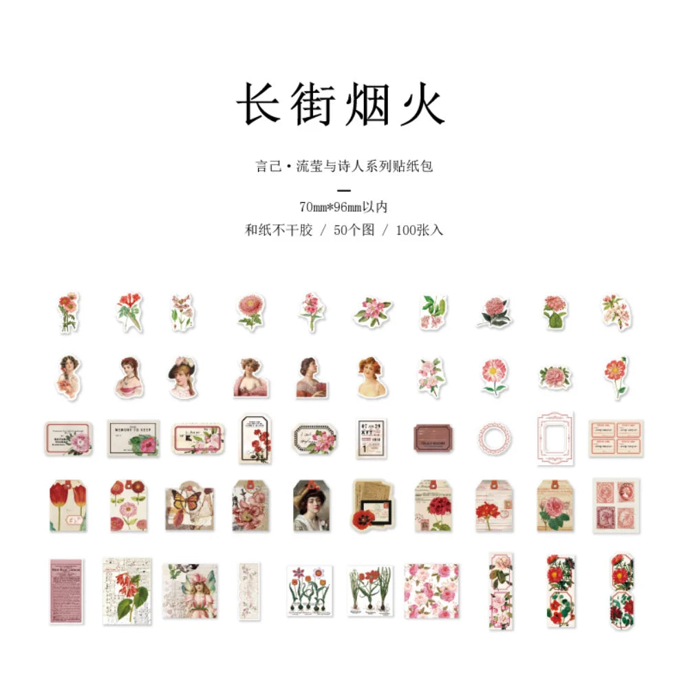 100Pcs/pack Retro Manor Poets Series Material Paper Decorative Stationery Art stickers Scrapbooking Lable Journal Planner (ONLINE ORDER ONLY)
