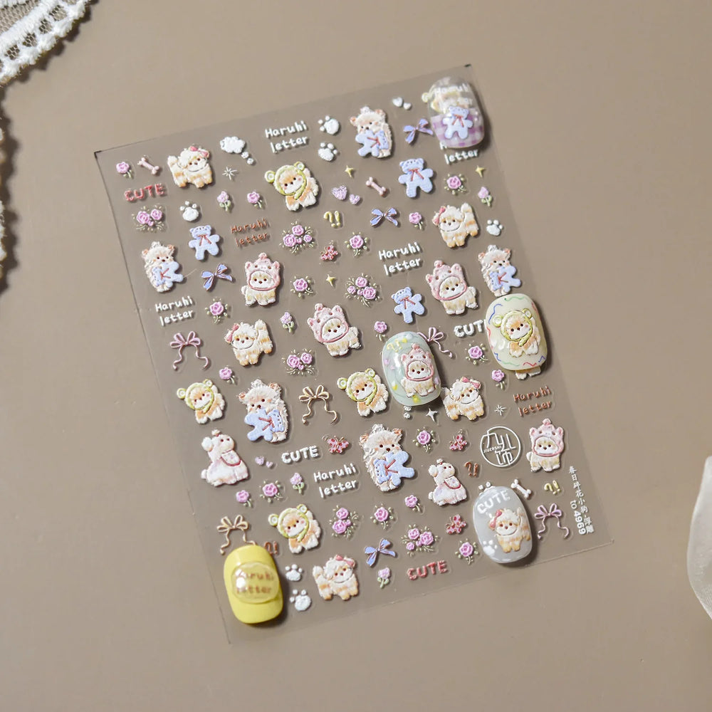 Spring Dog Bear Toy Rose Flower Floral Print Letter Bone Butterfly Cat Puppy Relief Adhesive Nail Art Stickers Manicure Decals (Online Order Only)