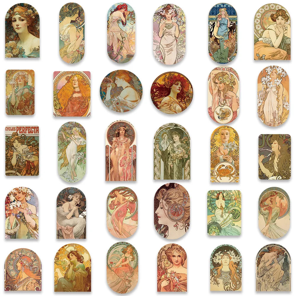 10/30/60PCS Alphonse Maria Mucha Art Graffiti Stickers Aesthetic Decoration DIY Phone Scrapbook Fridge Bike Wall Decals Kids Toy (ONLINE ORDER ONLY)
