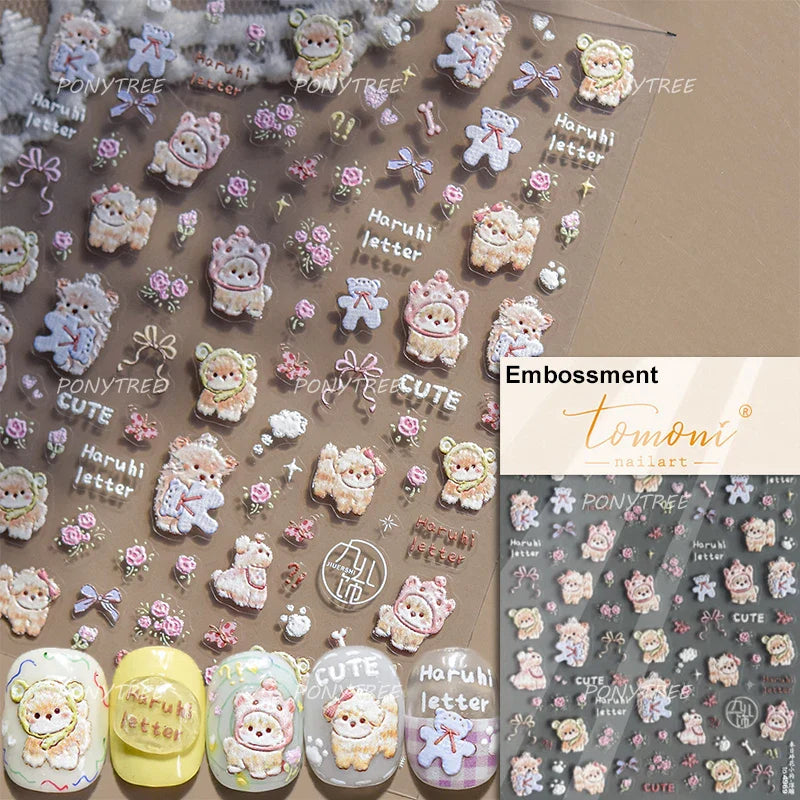 Spring Dog Bear Toy Rose Flower Floral Print Letter Bone Butterfly Cat Puppy Relief Adhesive Nail Art Stickers Manicure Decals (Online Order Only)