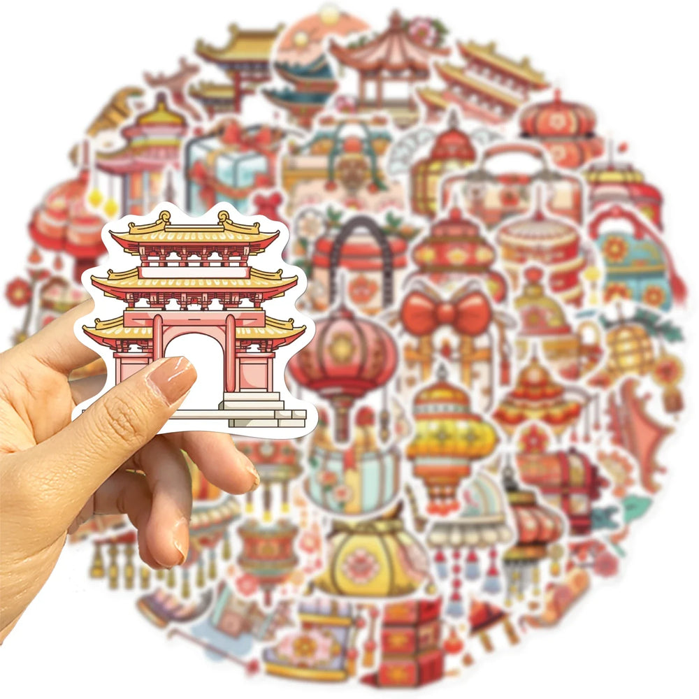 50Pcs Ancient Chinese Traditional Style Small Items Stickers Artifacts For Notebook Diary Material Phone Case Suitcase Decals (ONLINE ORDER ONLY)