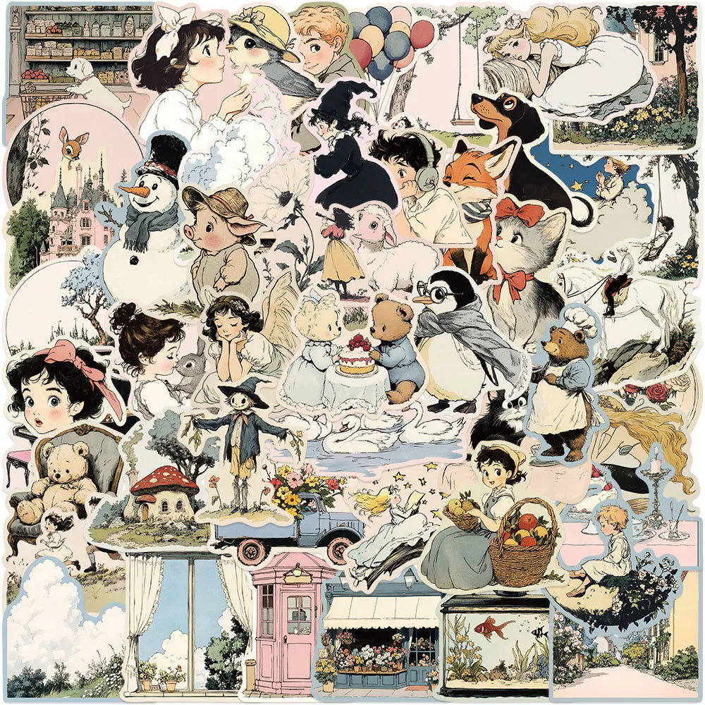50pcs Retro Aesthetic Cartoon Fairy Tale World Stickers For Luggage Guitar Laptop Phone Diary Waterproof Graffiti Vinyl Decals (Online Order Only)