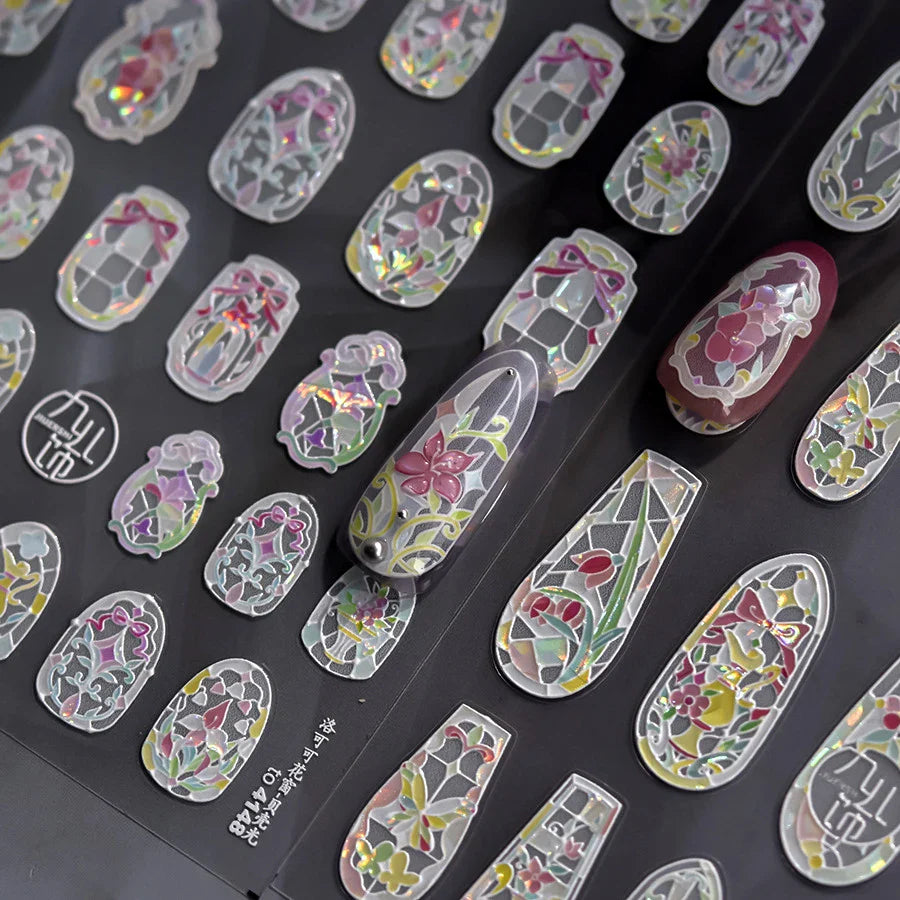 Retro Shiny Glazed Rococo Flower Window Dreamy Butterfly Geometric Frame Stamp Embossed Reliefs Nail Art Stickers Manicure Decal (Online Order Only)