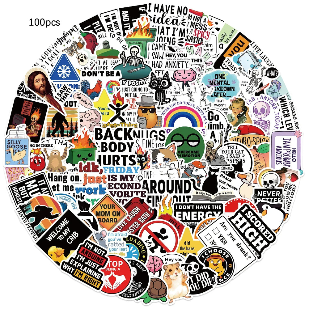 100pcs Snarky Meme Vinyl Stickers Funny Doodle Art For Laptops Skateboards Luggage Reusable Vinyl Decals For Diy Gifts (Online Order Only)