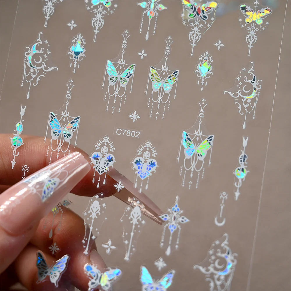 1pcs Butterfly Floral Nail Art Stickers Magic Shell Light Laser Black/White Nail Decoration Butterfly Slider Manicure Ornaments* (Online Order Only)