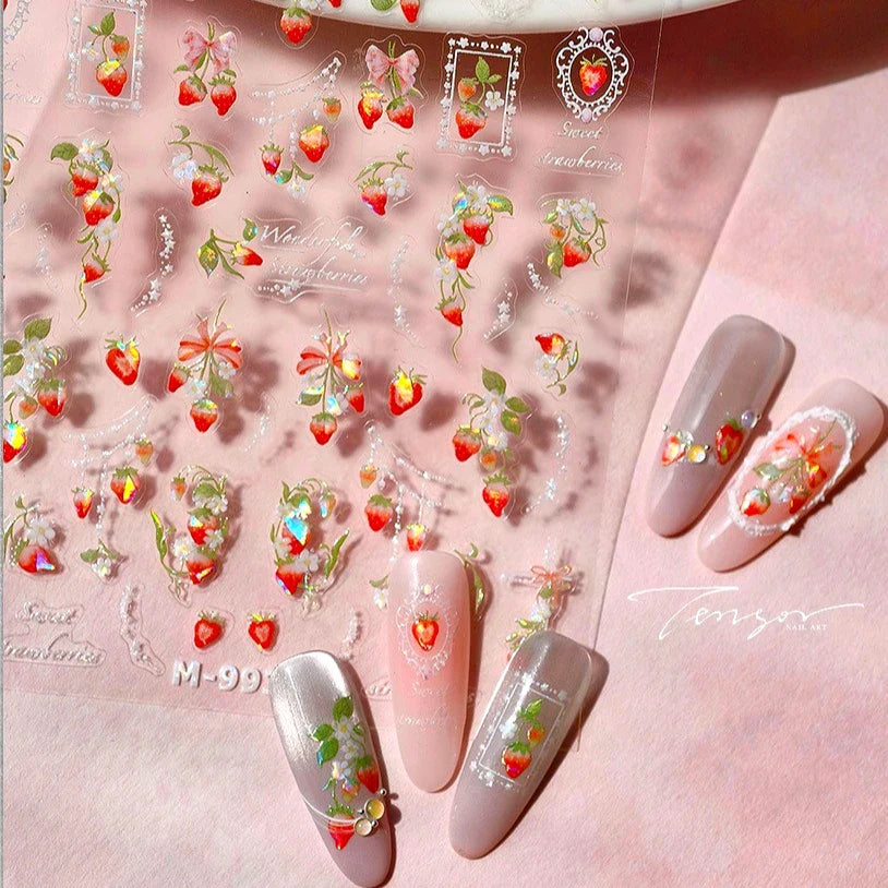 Strawberry Retro Lace Border  Flower Lovely Fruit Pearl Pendant Leaves Self Adhesive Nail Art Stickers Manicure Decal Wholesale (Online Order Only)