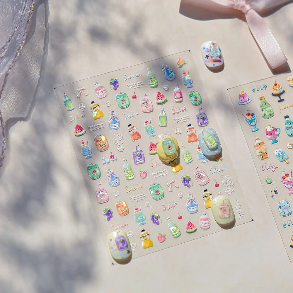 Soda Fruit Beverage Bottle Bear Watermelon Popsicle Dessert Ice Cream Cat Cherry Strawberry Bow Summer Nail Art Stickers Decals (ONLINE ORDER ONLY)