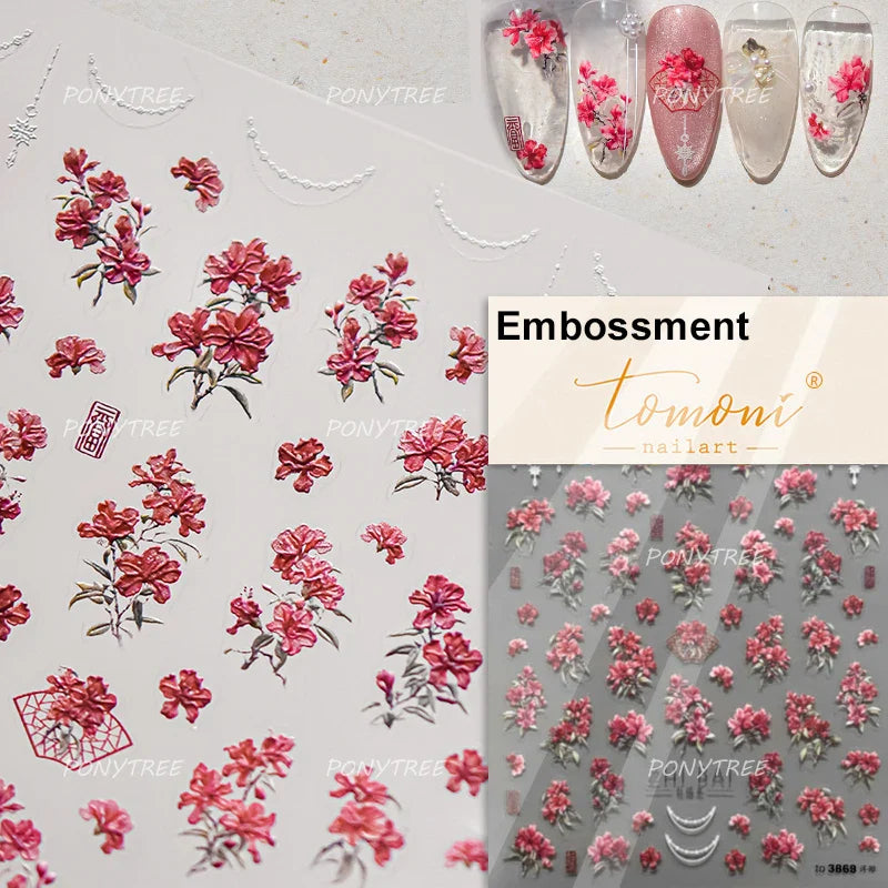 Spring Living Peach Blossom Flower Branch Petal Antique Soft Relief Adhesive Chinese Characters Nail Art Sticker Manicure Decals (ONLINE ORDER ONLY)