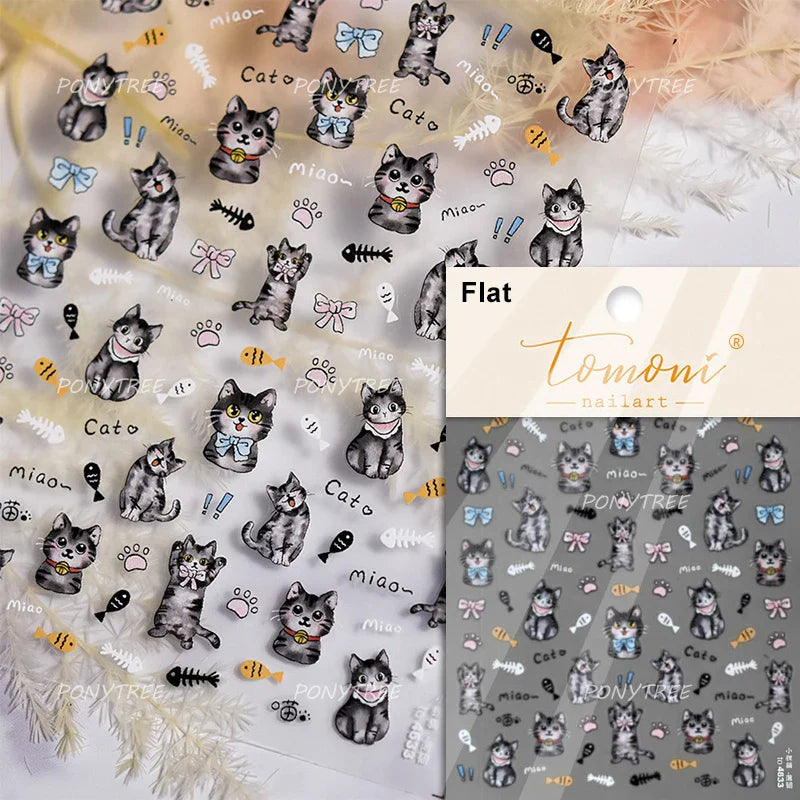 Cream Wind Cat Rabbit Kitten Bunny Bowknot Flower Butterfly Cake Cherry Tulip 5D Self Adhesive Nail Art Stickers Manicure Decals (Online Order Only)