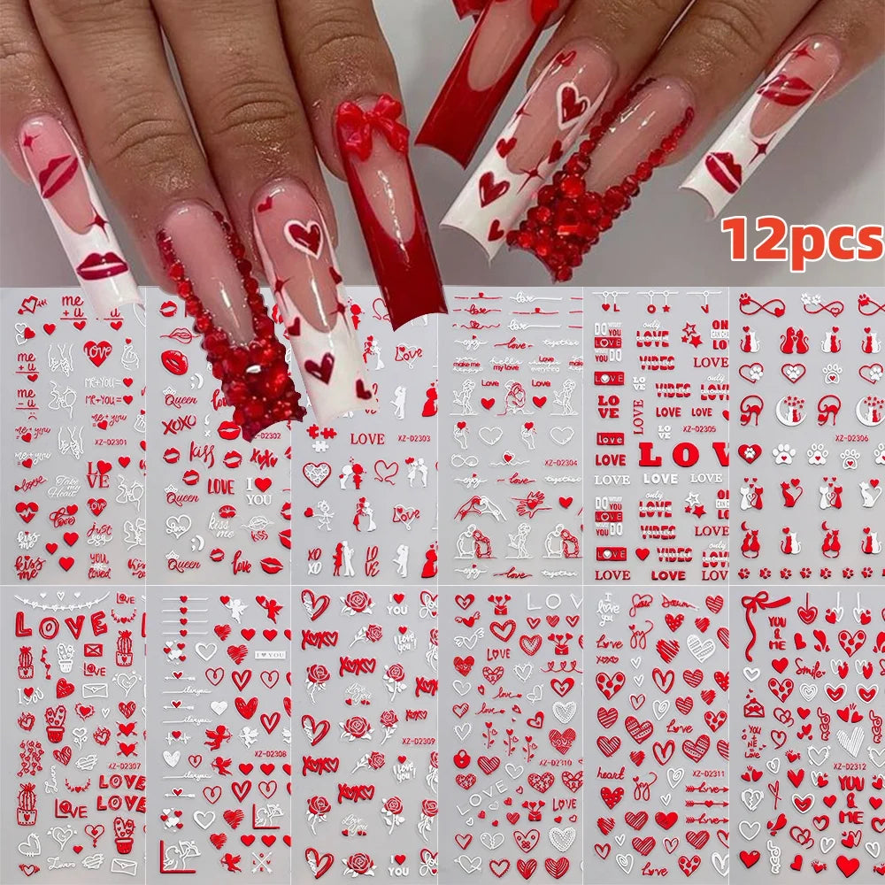 12pcs 3D Golden Glitter Heart Love Nail Stickers Valentine Self Adhesive Cute Cartoon Decal Geometry Slider Manicure Decoration* (ONLINE ORDER ONLY)