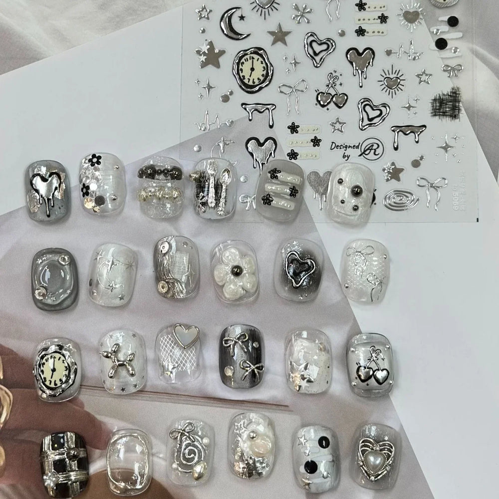 Silver Star Moon Clock Watch Cherry Love Heart Bowknot Gird Irregular Lines Dot Liquid Lava Nail Art Stickers Manicure Decals (ONLINE ORDER ONLY)