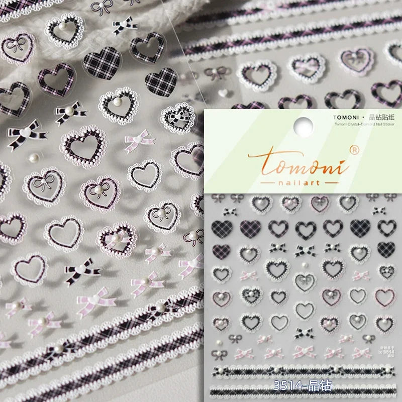French Style Geometric Black White Square Grid Rhombus Stripe 3D Self Adhesive Nail Art Stickers Shiny Rhinestone Manicure Decal (ONLINE ORDER ONLY)