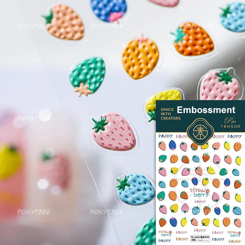 Cute Pink Tempting Strawberries Attractive Fruit Cutting Line Bowknot Star Silver Stamping Chic Nail Art Stickers Manicure Decal (ONLINE ORDER ONLY)
