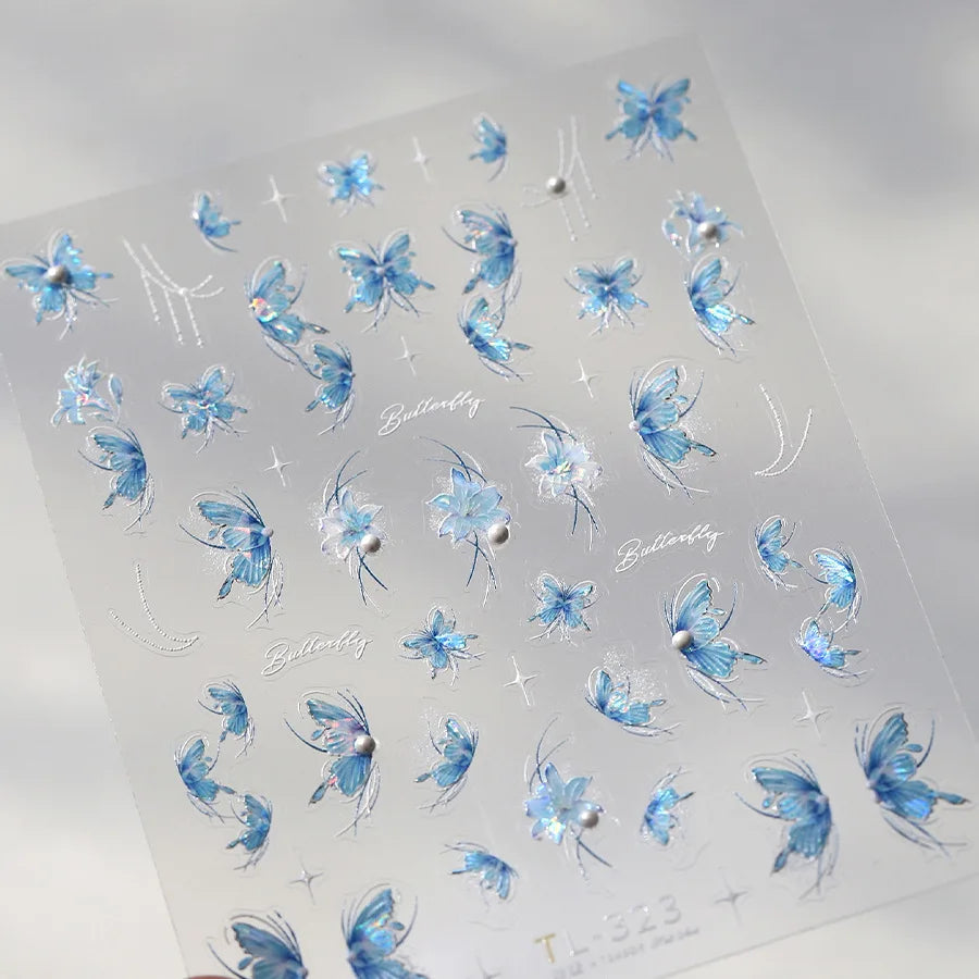 Chic Butterfly Flower Lily Lilium Narcissus Line Beautiful Blue Pearl Self Adhesive Nail Art Stickers Decorations Manicure Decal (Online Order Only)