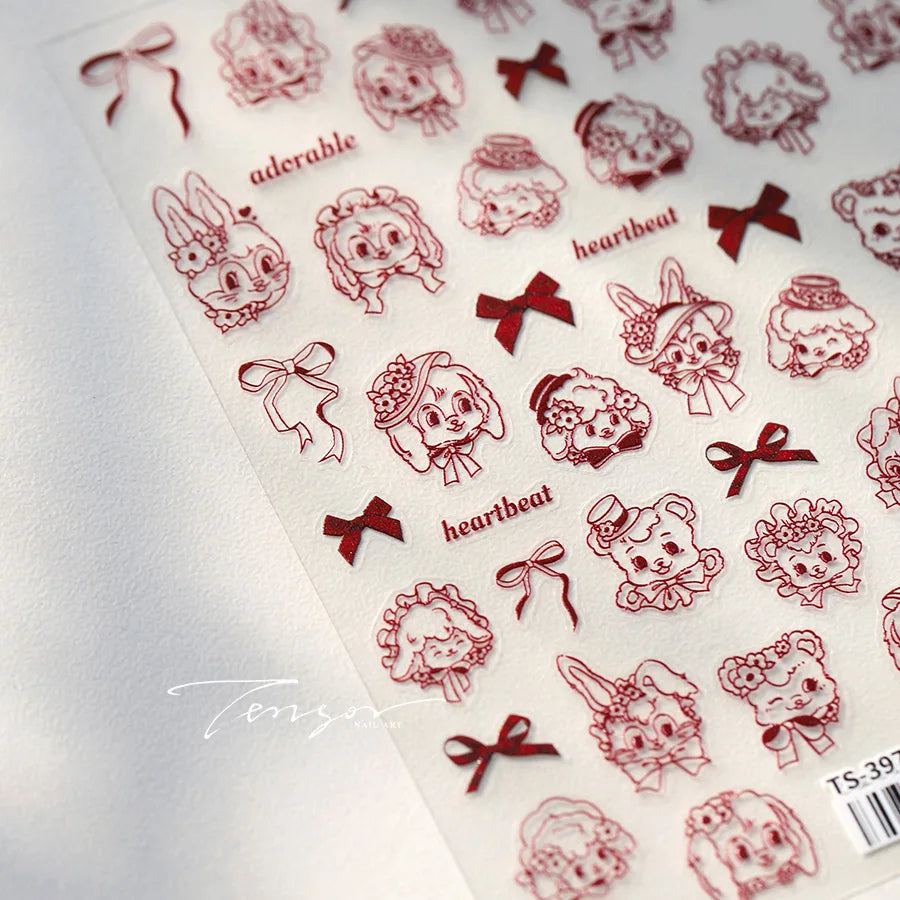 Cute Pet Creamy Rabbit Bear Dog Ribbon Bowknot Lamb Red Painted Heartbeat Flowers Adhesive Nail Art Stickers 3D Manicure Decals (Online Order Only)