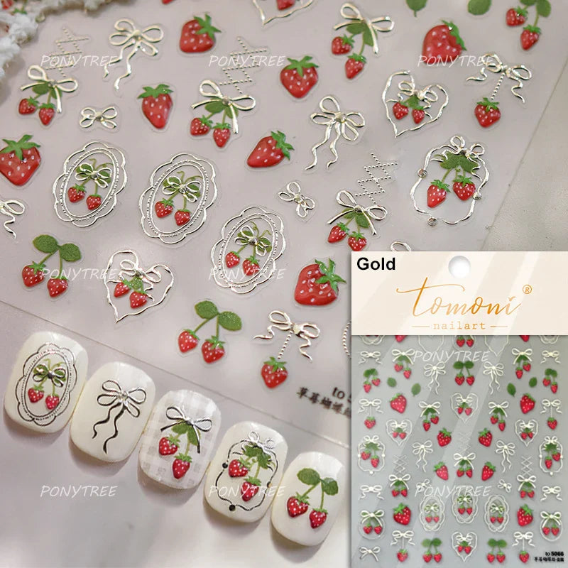 Pink Juicy Strawberry Fruit Cutting Line Ribbon Bowknot Star Happy Sweet Lovely Fruits Delicate Nail Art Stickers Manicure Decal (ONLINE ORDER ONLY)