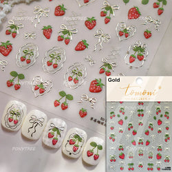 Cute Pink Tempting Strawberries Attractive Fruit Cutting Line Bowknot Star Silver Stamping Chic Nail Art Stickers Manicure Decal (ONLINE ORDER ONLY)