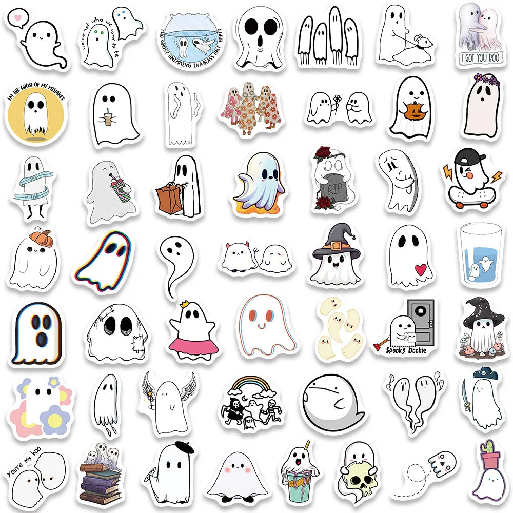 10/30/50/100PCS Cute Ghost Stickers Funny Cartoon Decals Halloween Toy For Kids Scrapbook Skateboard Notebook Fridge Decoration (ONLINE ORDER ONLY)