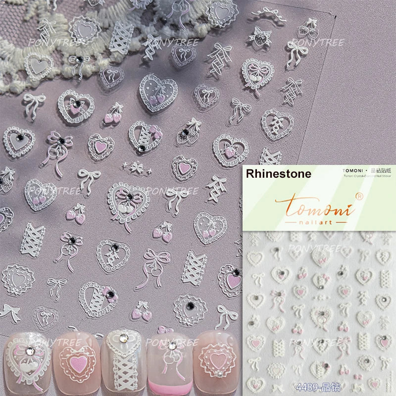 Lovely Heart Strawberry Cherry Bowknot Lace Lolita Crystal Rhinestone Line Rococo Chic Adhesive Nail Art Sticker Manicure Decals (ONLINE ORDER ONLY)