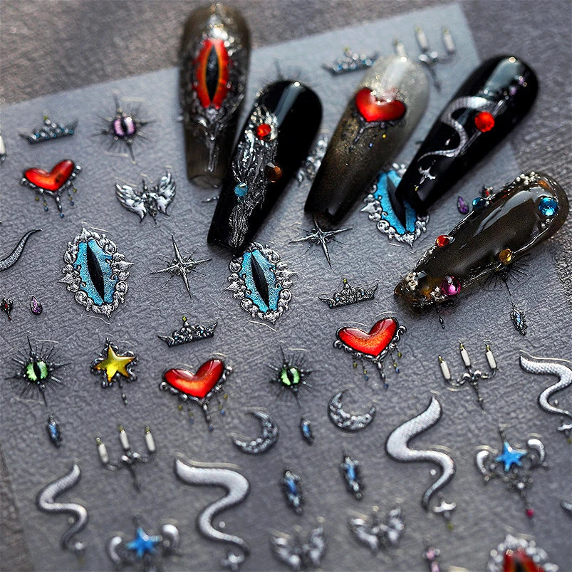 Glitter Star Snake Moon Darkness Eye Love Heart Crown Sword Self Adhesive Nail Art Stickers Punk Jelly Angel Wing Manicure Decal (ONLINE ORDER ONLY)