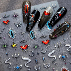 Glitter Star Snake Moon Darkness Eye Love Heart Crown Sword Self Adhesive Nail Art Stickers Punk Jelly Angel Wing Manicure Decal (ONLINE ORDER ONLY)