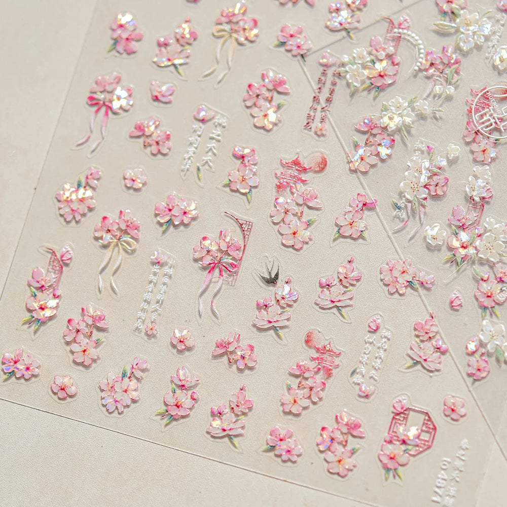 Pink Peach Blossom Flower White Pear Romantic Archaistic Swallow Window Adhesive Nail Art Stickers Rhinestone Manicure Decals (ONLINE ORDER ONLY)