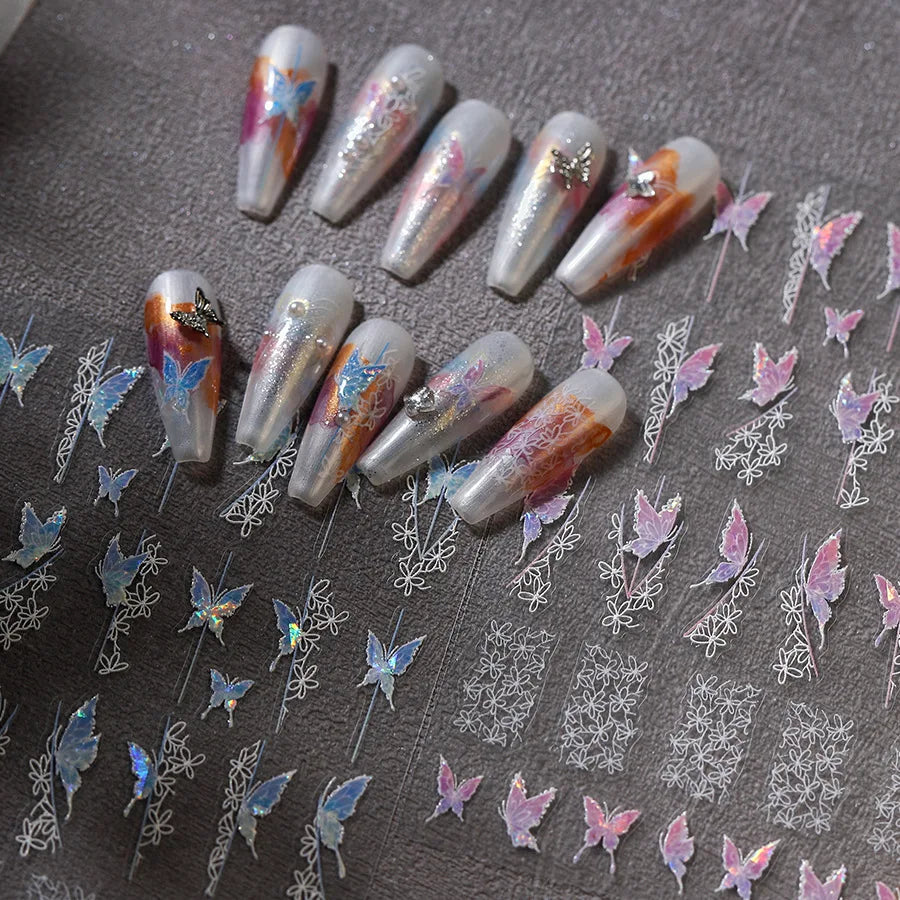 Butterfly Flower Hollow Out Lace Delicate Floral Print Shiny Cloth Block Insect Self Adhesive Nail Art Stickers Manicure Decals (Online Order Only)