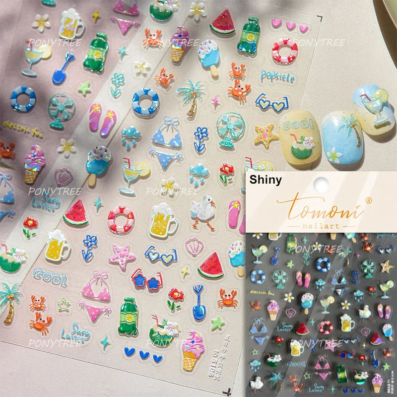 Summer Beach Bikini Watermelon Cat Popsicle Swim Ring Ice Cream Shell Coconut Tree Nail Art Decoration Stickers Manicure Decals (Online Order Only)