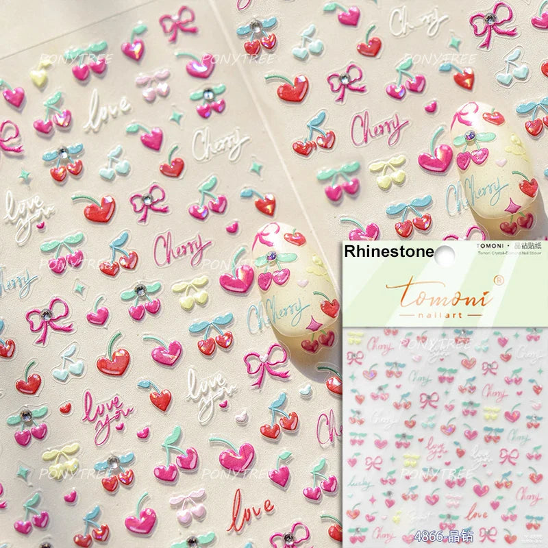 Lovely Pink Red Cherry Fruit Love Heart Star Lucky Letter Bowknot Romantic Adhesive Nail Art Stickers Rhinestone Manicure Decals (Online Order Only)