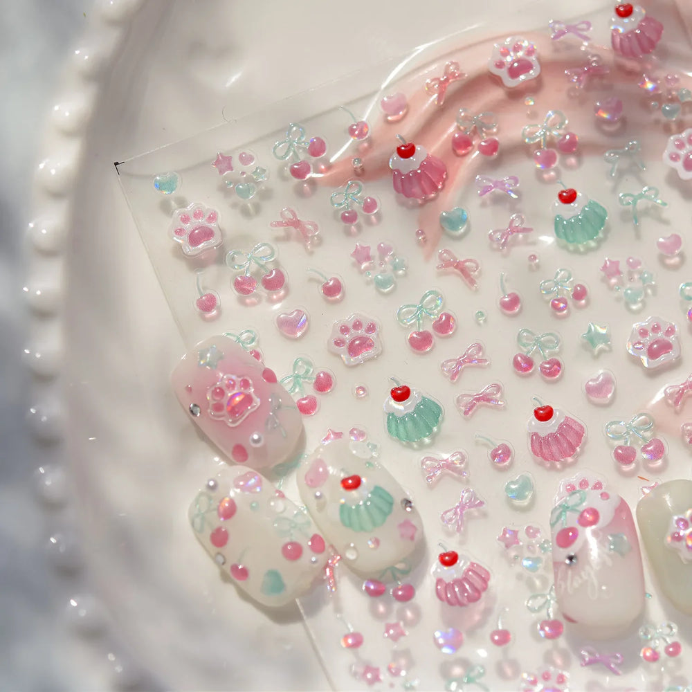 Colored Shiny Jelly Claw Paw Pudding Dessert Cherry Bowknot Cake Bow Tie Drink Food Love Heart Nail Art Sticker Manicure Decal (ONLINE ORDER ONLY)