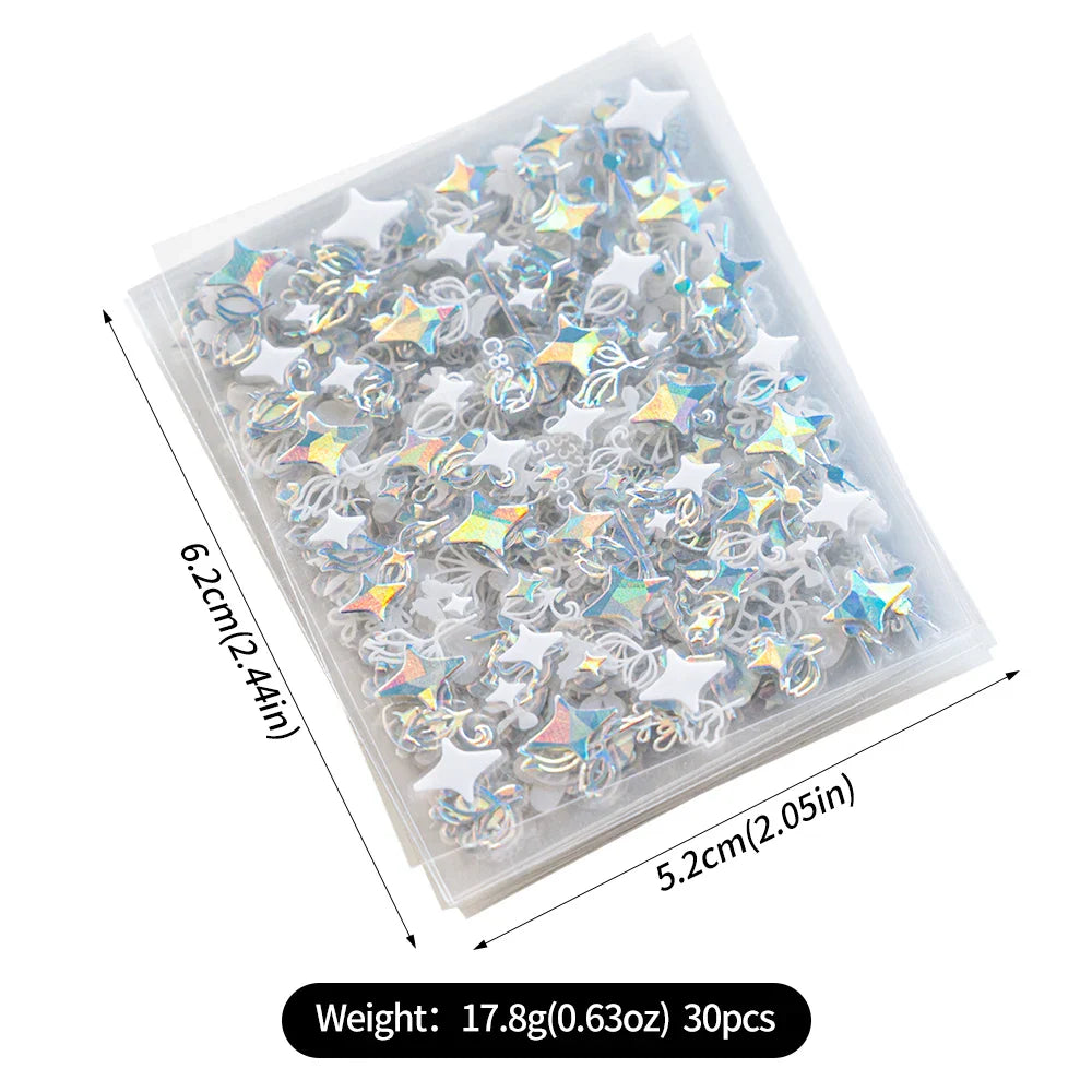 30Pcs Laser Silver/White Flowers Hearts Nail Sticker Star/Moon Mixed Shapes Design Self-adhesive Sticker Acrylic Manicure Access (Online Order Only)