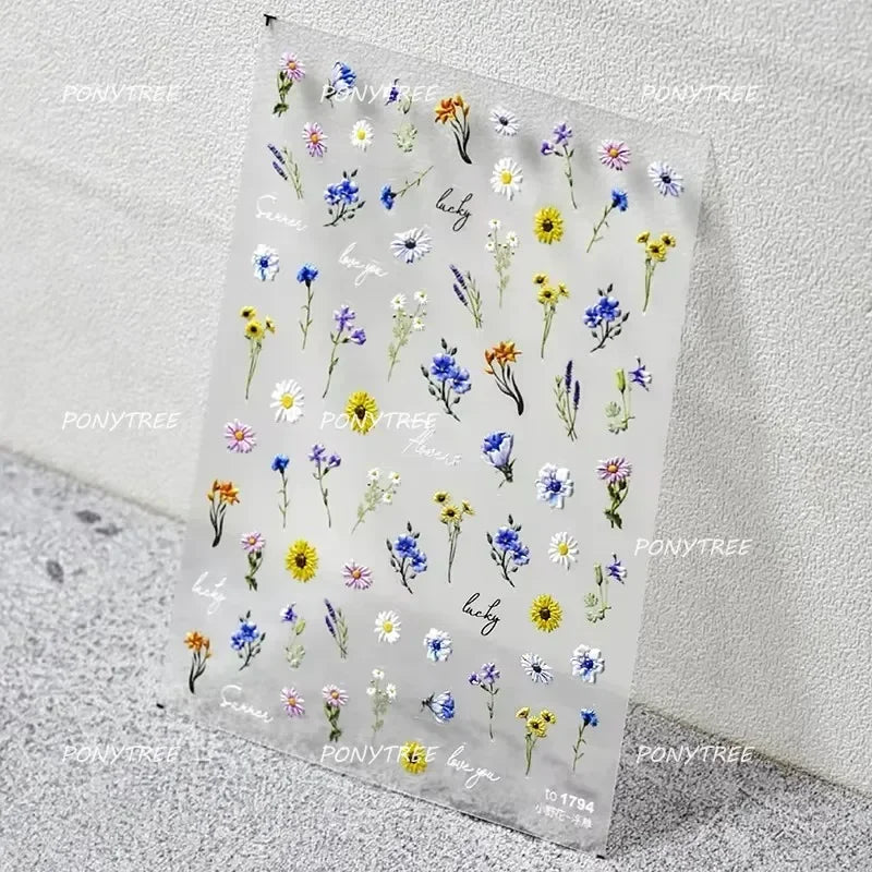 Chic Wild Flower Oil Painting Small Variegated Daisy Peach Blossom Lavender Petal Adhesive Nail Art Stickers Manicure Decals (Online Order Only)